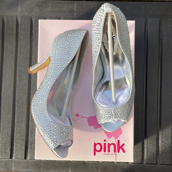 Pink Paradox London - Celebrate - Silver Satin & Rhinestone Peep Toe Heel Size 8 - Picture 1 of 16